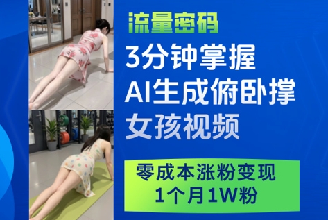 3分钟掌握AI生成俯卧撑女孩视频，零成本涨粉变现，1个月1W粉-知识创作