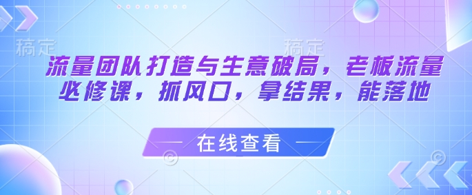 流量团队打造与生意破局，老板流量必修课，抓风口，拿结果，能落地-知识创作