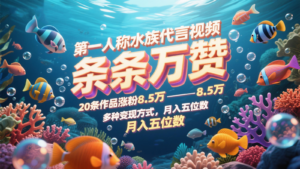 第一人称水族代言视频，条条万赞，20条作品涨粉8.5万，多种变现方式月，入五位数-知识创作