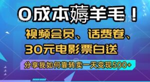 0成本薅羊毛!视频会员、话费卷、30元电影票白送，分享我如何靠转卖一天变现5张+【揭秘】-知识创作