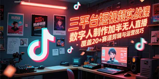 三平台短视频实战课，数字人制作加半无人直播，覆盖20+赛道剪辑与运营技巧-知识创作