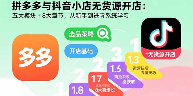 拼多多与抖音小店无货源开店：五大模块+8大章节，从新手到进阶系统学习-知识创作