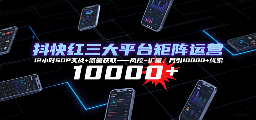 抖快红三大平台矩阵运营，12小时SOP实战+流量获取-风控-扩量，月引10000+线索-知识创作