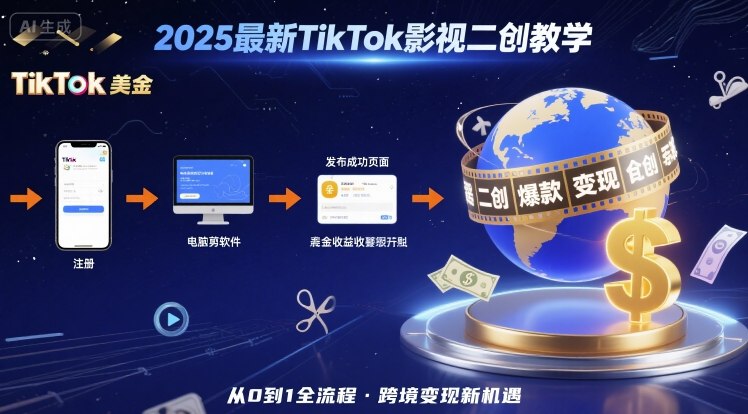 2025年最新TikTok影视二创教学，从注册到发布撸美金全流程，跨境变现新机遇-知识创作