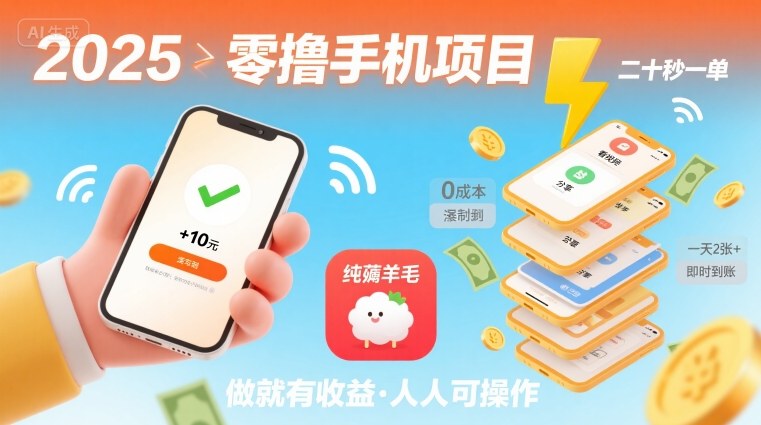 2025年零撸手机项目，二十秒一单，纯薅羊毛 一天2张+做就有-知识创作