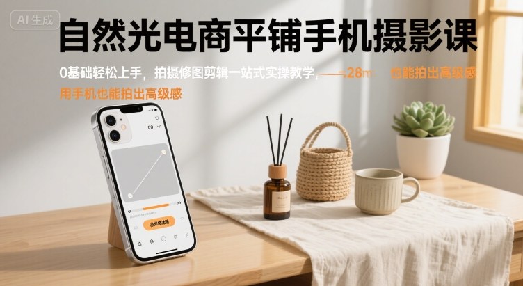 自然光电商平铺手机摄影课，0基础轻松上手，拍摄修图剪辑一站式实操教学，用手机也能拍出高级感-知识创作