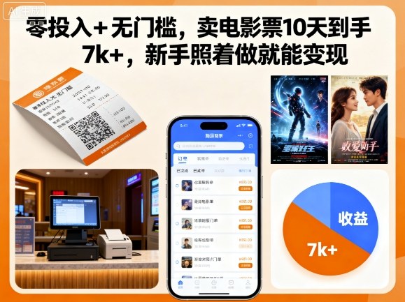 零投入+无门槛，卖电影票10天到手7k+，新手照着做就能变现【揭秘】-知识创作