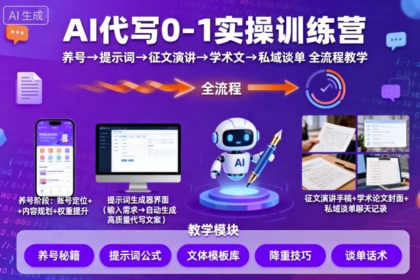 AI代写0-1实操训练营，从养号、提示词、征文演讲、学术文，到私域谈单的全流程教学-知识创作