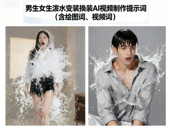 男生女生泼水变装换装AI视频制作提示词(含绘图词、视频词)-知识创作