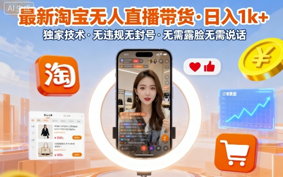 最新淘宝无人直播带货，日入1k+，独家技术，无违规无封号，无需露脸无需说话【揭秘】-知识创作