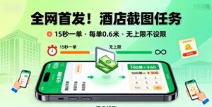 全网首发！酒店截图任务，15秒一单，每单0.6米，任务无上限不设限，矩阵操作单日3张到手【揭秘】-知识创作