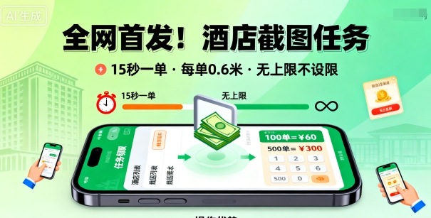 全网首发！酒店截图任务，15秒一单，每单0.6米，任务无上限不设限，矩阵操作单日3张到手【揭秘】-知识创作