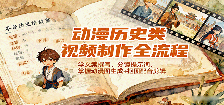 动漫历史类视频制作全流程，学文案撰写、分镜提示词，掌握动漫图生成+抠图配音剪辑-知识创作
