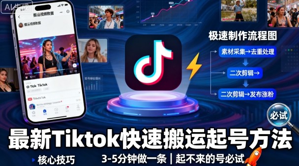 最新Tiktok快速搬运快速起号方法，3-5分钟做一条，起不来的号可以试试-知识创作
