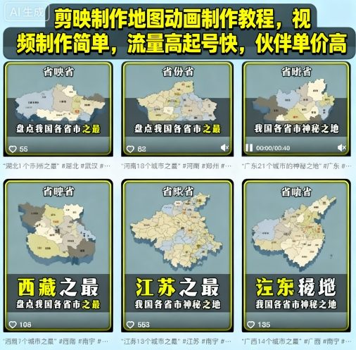 剪映制作地图动画制作教程，视频制作简单，流量高起号快，伙伴单价高-知识创作