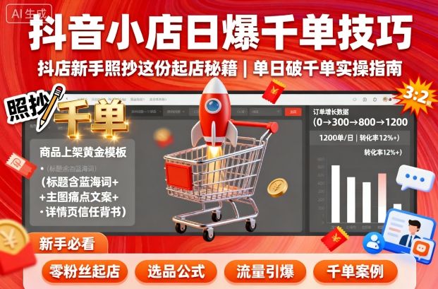 抖音小店日爆千单技巧，抖店新手照抄这份起店秘籍，单日破千单-知识创作