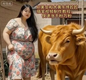 AI美女和大黄牛摔跤搞笑荒诞视频制作教程，快速涨千粉万粉-知识创作