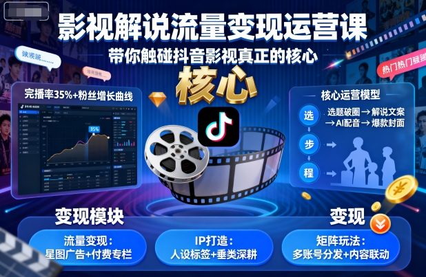 影视解说流量变现运营课，带你触碰抖音影视真正的核心-知识创作