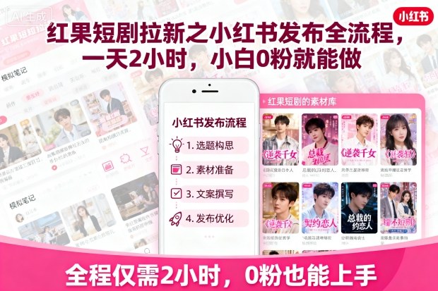 红果短剧拉新之小红书发布全流程，一天2小时，小白0粉就能做-知识创作