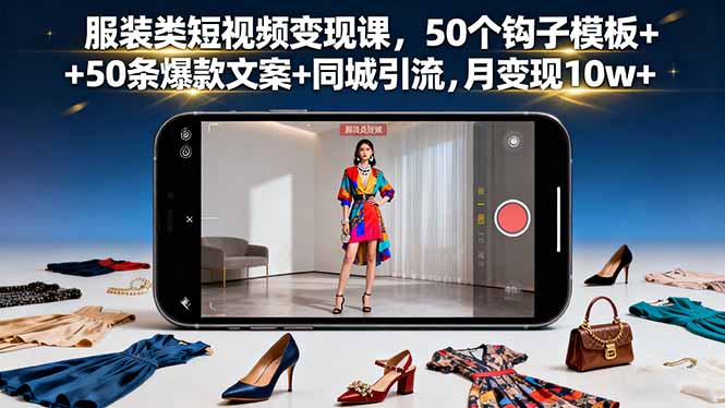 服装类短视频变现课，50个钩子模板+50条爆款文案+同城引流，月变现10w+-知识创作