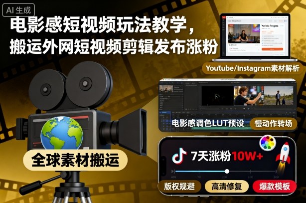 电影感短视频玩法教学，搬运外网短视频剪辑发布涨粉-知识创作