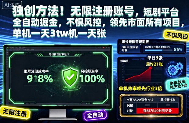 独创方法！无限注册账号，短剧平台全自动掘金，不惧风控，领先市面所有项目，单机一天3张【揭秘】-知识创作