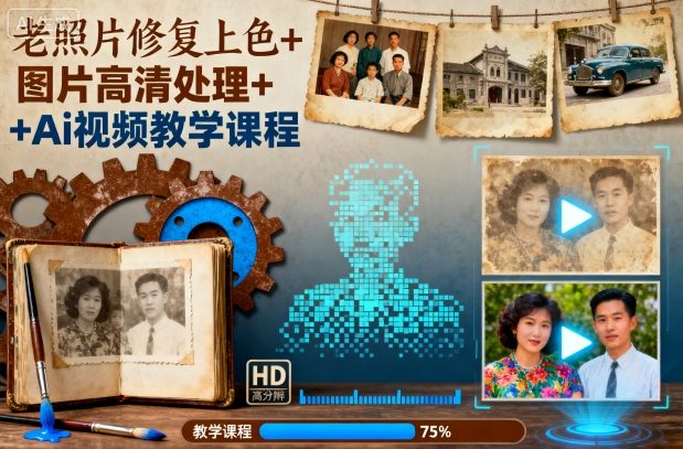 老照片修复上色+图片高清处理+Ai视频教学课程-知识创作