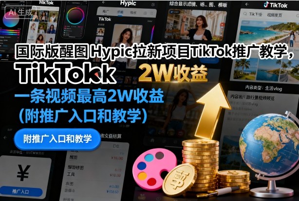 国际版醒图Hypic拉新项目TikTok推广教学，一条视频最高2W收益(附推广入口和教学)-知识创作