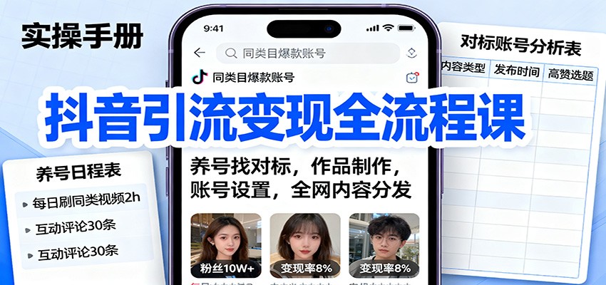 抖音引流变现全流程课：养号找对标，作品制作，账号设置，全网内容分发-知识创作