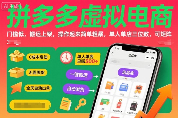 拼多多虚拟电商，门槛低，搬运上架，操作起来简单粗暴，单人单店三位数，可矩阵-知识创作