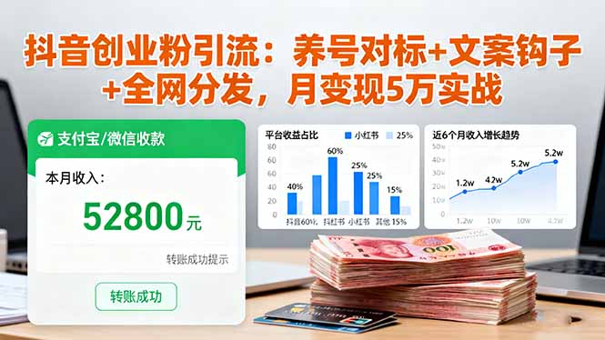 抖音创业粉引流：养号对标+文案钩子+全网分发，月变现5万实战-知识创作