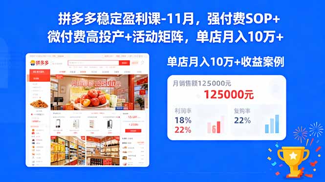 拼多多稳定盈利课-11月，强付费SOP+微付费高投产+活动矩阵，单店月入10w+-知识创作