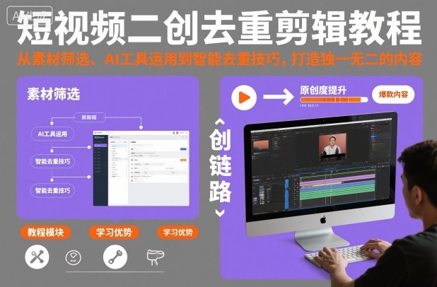 短视频二创去重剪辑教程，从素材筛选、AI工具运用到智能去重技巧，打造独一无二的内容-知识创作