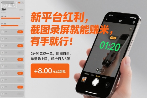 新平台红利，截图录屏就能賺米，有手就行！2分钟完成一单，时间自由，单量无上限，轻松日入5张【揭秘】-知识创作