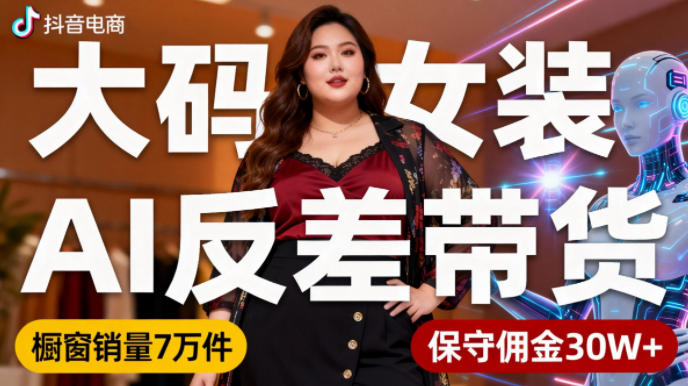 抖音小众赛道，大码女装AI反差带货，不用直播，每天6条作品，橱窗卖7万件，保守佣金30W+-知识创作