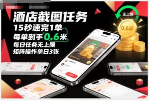 酒店截图任务，15秒速完1单，每单到手0.6米，每日任务无上限，全网首发玩法，矩阵操作单日3张【揭秘】-知识创作