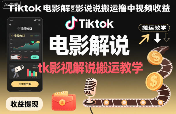 Tiktok电影解说搬运撸中视频收益，tk影视解说搬运教学-知识创作