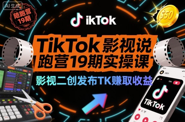 TikTok影视解说陪跑营19期实操课，影视二创发布TK賺取收益，万播收益50美金-知识创作