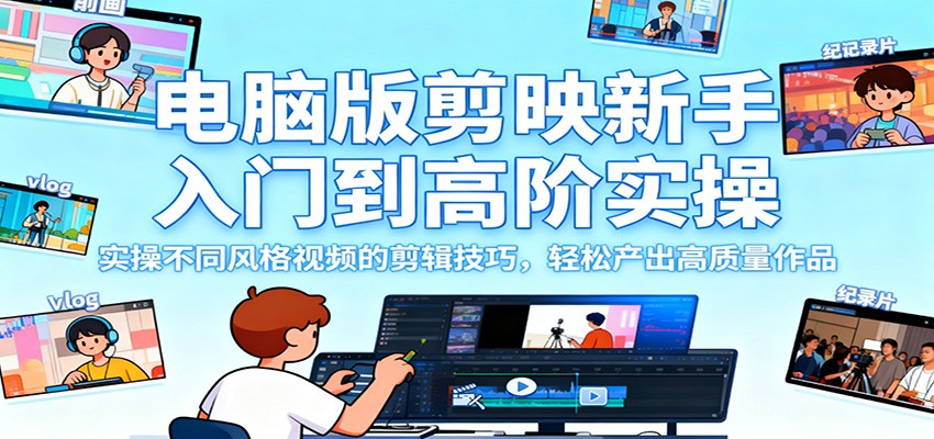电脑版剪映新手入门到高阶实操，实操不同风格视频的剪辑技巧，轻松产出高质量作品-知识创作