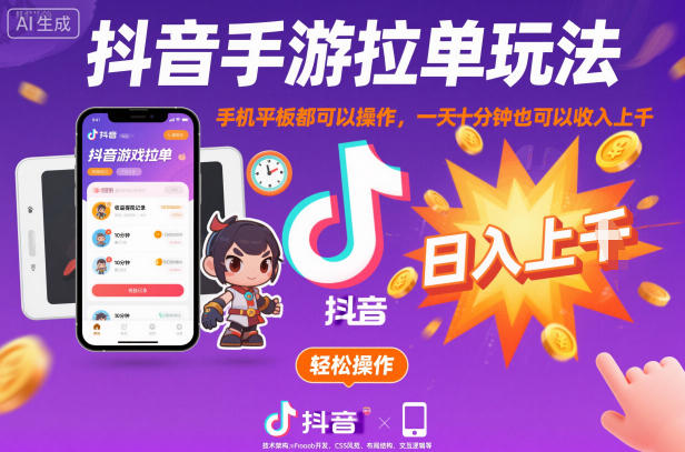 抖音手游拉单玩法，手机平板都可以操作，一天十分钟也可以收入上K【揭秘】-知识创作