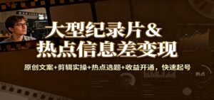 大型纪录片&热点信息差变现：原创文案+剪辑实操+热点选题+收益开通，快速起号-知识创作