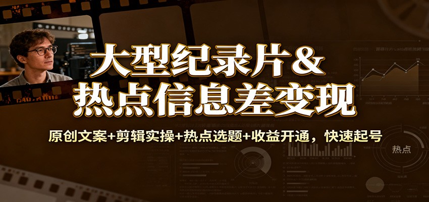 大型纪录片&热点信息差变现：原创文案+剪辑实操+热点选题+收益开通，快速起号-知识创作