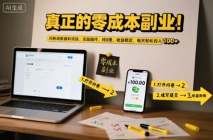 真正的零成本副业！问卷调查暴利项目，无脑操作，纯0撸，收益稳定，每天轻松日入100+【揭秘】-知识创作