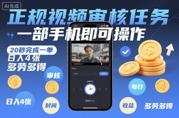 正规视频审核任务，一部手机即可操作，20秒完成一单，日入4张，多劳多得【揭秘】-知识创作