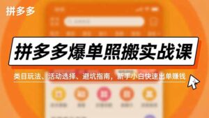 拼多多爆单照搬实战课，类目玩法、活动选择、避坑指南，新手小白快速出单赚钱-知识创作