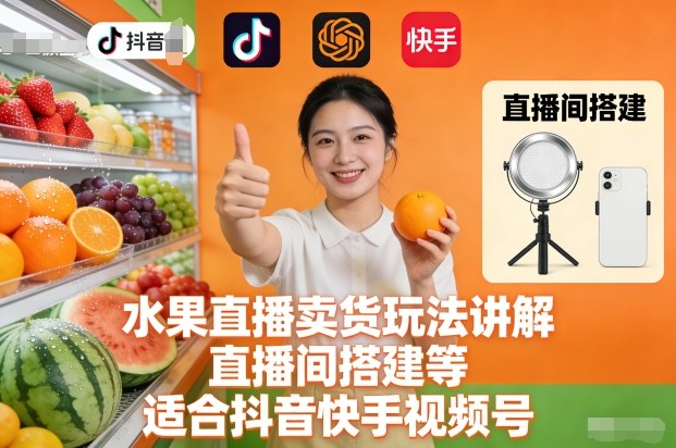 水果直播卖货玩法讲解、直播间搭建等，适合抖音快手视频号-知识创作