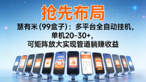 抢先布局慧有米(99盒子)：多平台全自动挂机，单机20-30+，可矩阵实现管道躺赚-知识创作