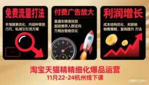 淘宝天猫精细化爆品运营11月22-24杭州线下课，免费流量打法+付费广告放大+利润增长(音频+文档)-知识创作