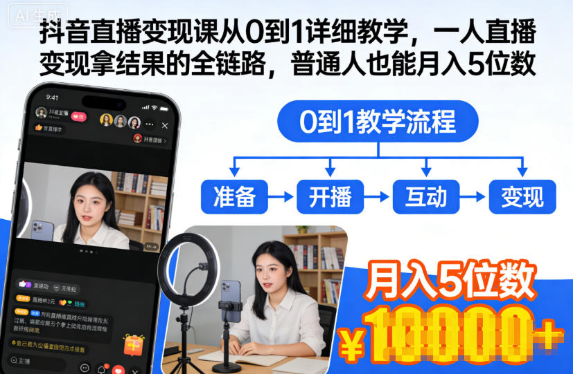 抖音直播变现课从0到1详细教学，一人直播变现拿结果的全链路，普通人也能月入5位数-知识创作