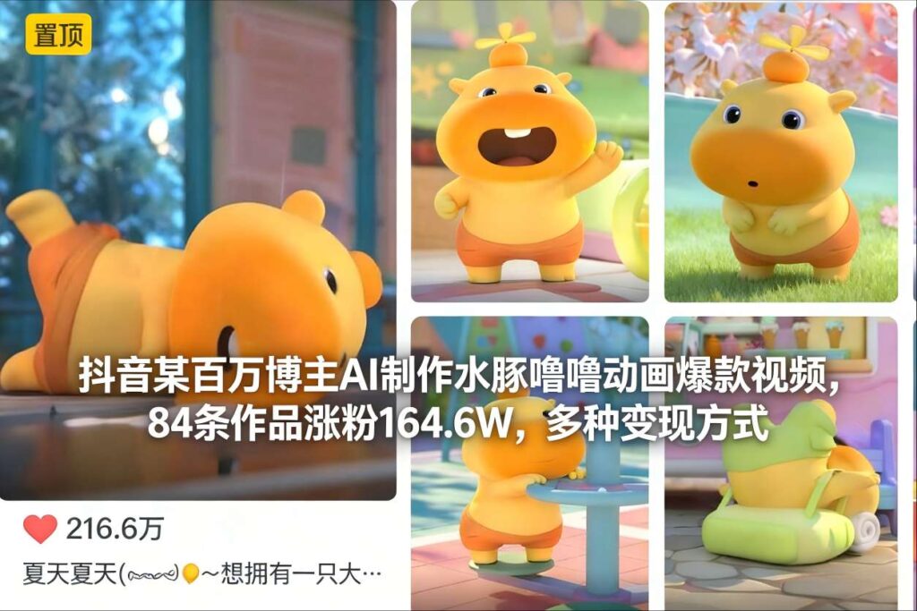 抖音某百万博主AI制作水豚噜噜动画爆款视频，84条作品涨粉164.6W，多种变现方式-知识创作